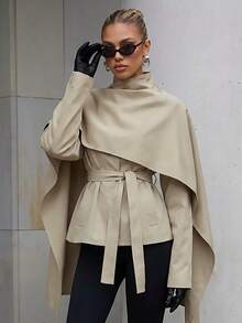 Silquee Khaki Cape-Style Trench Coat, High-End Deconstructive Design, Urban Sophisticated Elegant, High Stand Collar, Waist-Cinching Belt, Sleek Cool Look, Suitable For Workplace/Business Commute - Khaki - View 2