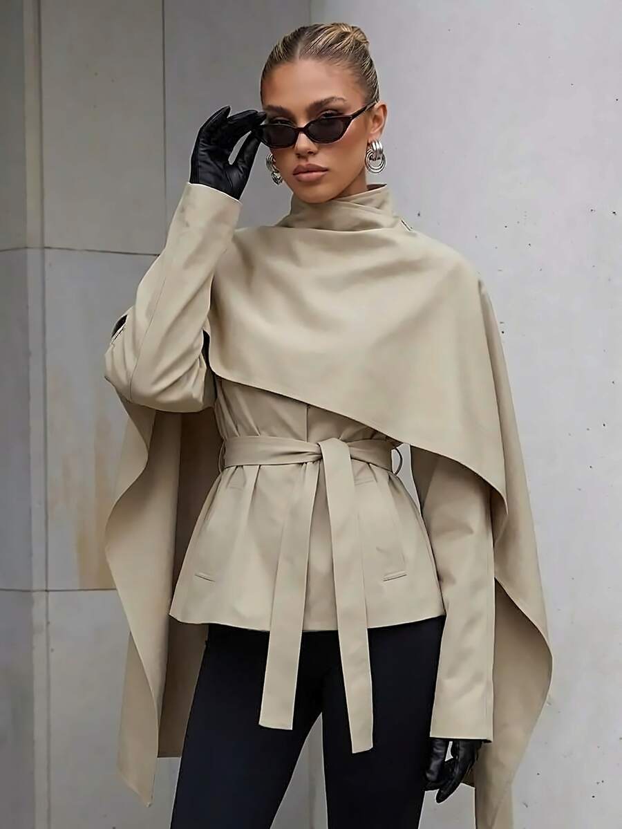 Silquee Khaki Cape-Style Trench Coat, High-End Deconstructive Design, Urban Sophisticated Elegant, High Stand Collar, Waist-Cinching Belt, Sleek Cool Look, Suitable For Workplace/Business Commute
