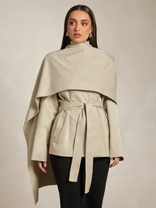 Silquee Khaki Cape-Style Trench Coat, High-End Deconstructive Design, Urban Sophisticated Elegant, High Stand Collar, Waist-Cinching Belt, Sleek Cool Look, Suitable For Workplace/Business Commute - Khaki - View 14