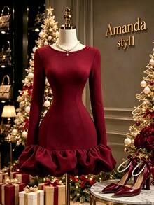 GlowEve Women's Elegant Party Dinner Ruffle Hem Dress Burgundy Winter - Burgundy - View 3