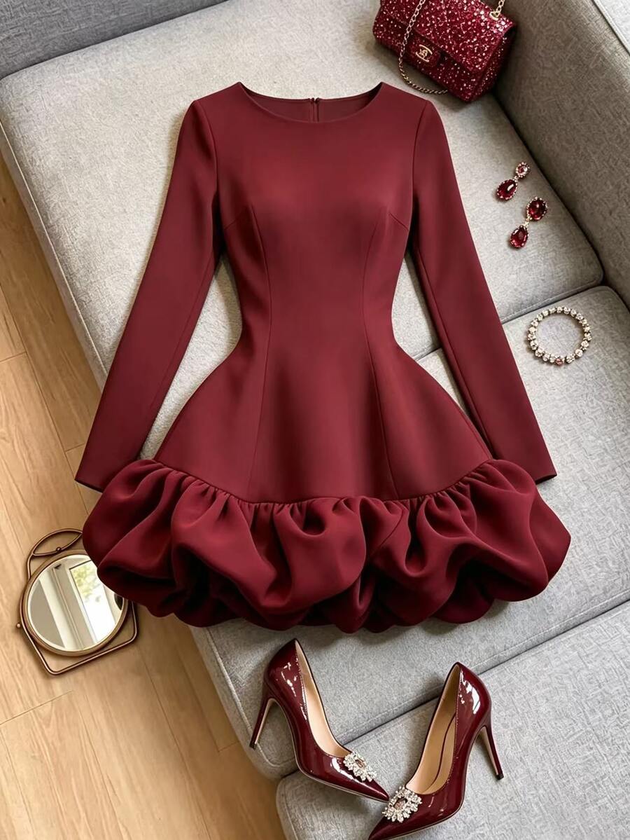 GlowEve Women's Elegant Party Dinner Ruffle Hem Dress Burgundy Winter - Burgundy - View 1