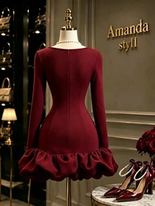 GlowEve Women's Elegant Party Dinner Ruffle Hem Dress Burgundy Winter - Burgundy - View 2