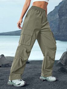 SHEIN Sports 女士户外休闲防水抽绳工装裤 - 綠色 - 查看 7