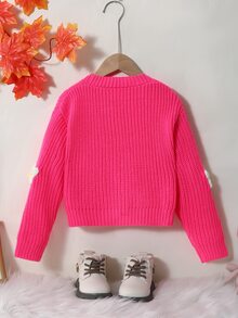 Elladie kids 女童 3D 花卉刺繡鈕扣長袖針織開襟衫 - 玫紅色 - 查看 2