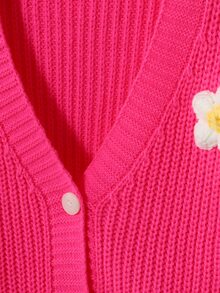 Elladie kids 女童 3D 花卉刺繡鈕扣長袖針織開襟衫 - 玫紅色 - 查看 3