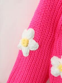 Elladie kids 女童 3D 花卉刺繡鈕扣長袖針織開襟衫 - 玫紅色 - 查看 4