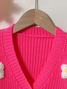 Elladie kids 女童 3D 花卉刺繡鈕扣長袖針織開襟衫 - 玫紅色 - 查看 5