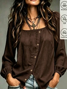 LUMIGAL Blus Wanita Lengan Panjang Leher Persegi dengan Kancing Depan Asimetris - Coffee Brown - View 1