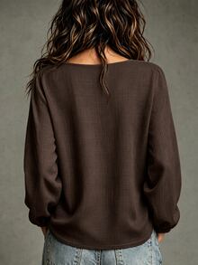 LUMIGAL Blus Wanita Lengan Panjang Leher Persegi dengan Kancing Depan Asimetris - Coffee Brown - View 2