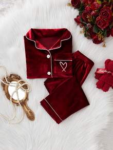 SHEIN 嬰兒女童/男童酒紅色拼色領口天鵝絨開襟上衣休閒百搭長褲，適合聖誕節，適合秋冬季節，保暖內裡加厚 - 酒紅色 - 查看 4