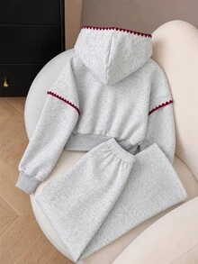 SHEIN 2件組青少年女孩灰色花卉連帽拉鍊開襟衫，寬肩落肩長版羅紋收腰時尚休閒獨特設計運動上衣，搭配同色寬鬆舒適闊腿褲套裝，休閒運動學院風，適合戶外、室內、運動、派對、學校及任何場合穿著，春秋冬季適用 - 淺灰色 - 查看 2