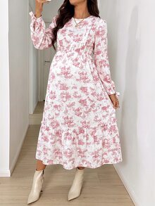 SHEIN Maternity Floral Print Nursing Casual Daily Summer Dress Fall - Pink - View 3