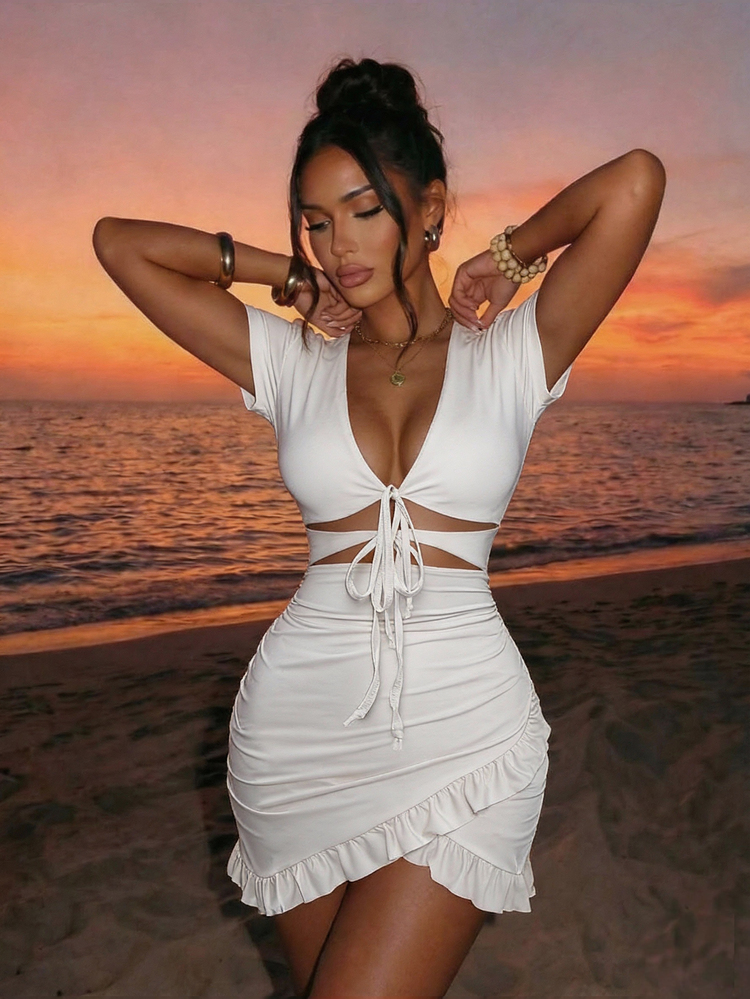 Allurite White Short Sleeve V-Neck Waist Cutout Tie Bodycon Mini Dress For Women, Side Ruched Ruffle Asymmetrical Hemline, Suitable For Summer Beach Vacation, Birthday Party, Romantic Date, Music Festival, Best Friend Afternoon Tea Outfit - White - View 1