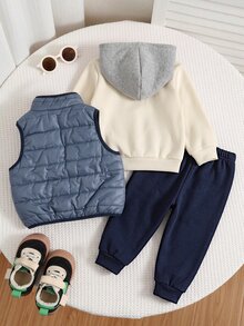 SHEIN 3件組男嬰秋冬滑雪套裝 可愛百搭休閒保暖內裡背心外套 針織字母圖案運動衫 適合冬季 - 藍白色 - 查看 2