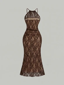 Skyraze Women's Sexy Lace Halter Neck Mermaid Long Dress, Summer Date Vacation Night Beige.Halloween.Back To School. - Coffee - View 5