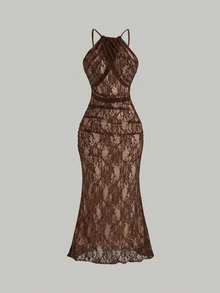 Skyraze Women's Sexy Lace Halter Neck Mermaid Long Dress, Summer Date Vacation Night Beige.Halloween.Back To School. - Coffee - View 2