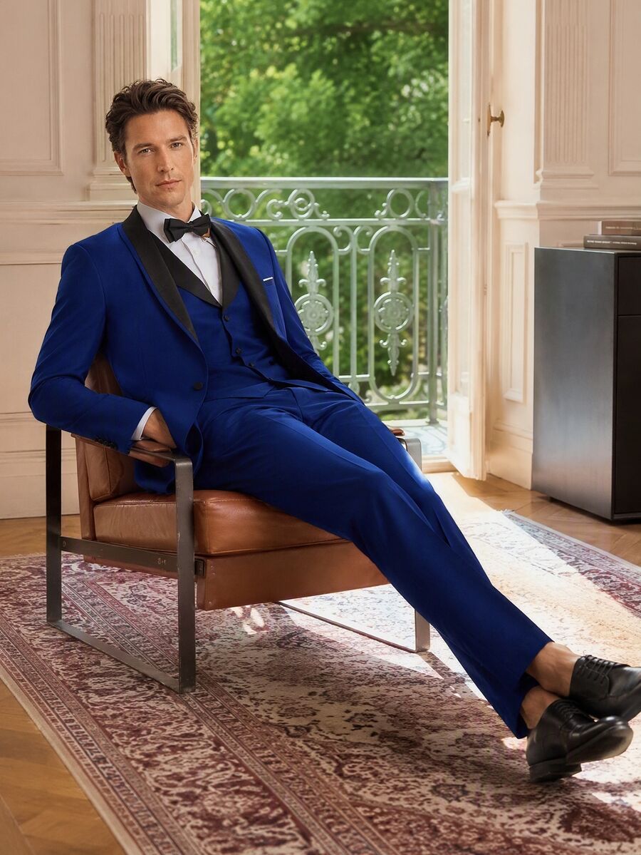 Officeau Men's 3pcs Royal Blue Shawl Collar Luxury Suits, Blazer& Vest& Trousers Set, Tuxedos For Wedding/ Evening/ Prom/ Party - Royal Blue - View 1