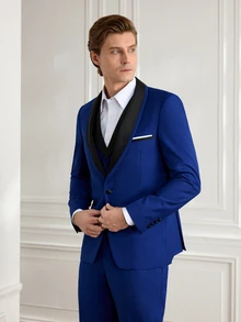 Officeau Men's 3pcs Royal Blue Shawl Collar Luxury Suits, Blazer& Vest& Trousers Set, Tuxedos For Wedding/ Evening/ Prom/ Party - Royal Blue - View 5