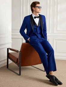 Officeau Men's 3pcs Royal Blue Shawl Collar Luxury Suits, Blazer& Vest& Trousers Set, Tuxedos For Wedding/ Evening/ Prom/ Party - Royal Blue - View 3