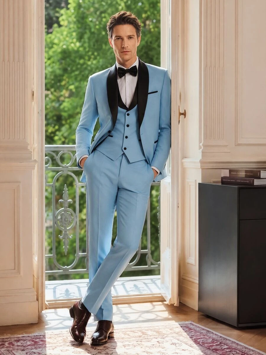 Officeau Men's Baby Blue Color Block Slim Fit 3pcs Suit Set, Blazer&Vest&Pants, Tuxedos For Wedding/ Dinner/ Groom/ Business