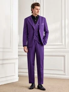 Officeau Men's 3 Pieces Purple Suit Set With Peak-Lapel Blazer, Double-Breasted Waistcoat & Trousers, Luxury Tuxedo For Weddings, Evening Events - Purple - View 3
