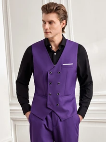 Officeau Men's 3 Pieces Purple Suit Set With Peak-Lapel Blazer, Double-Breasted Waistcoat & Trousers, Luxury Tuxedo For Weddings, Evening Events - Purple - View 6