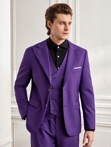 Officeau Men's 3 Pieces Purple Suit Set With Peak-Lapel Blazer, Double-Breasted Waistcoat & Trousers, Luxury Tuxedo For Weddings, Evening Events - Purple - View 5