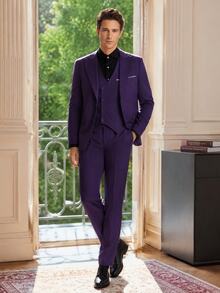 Officeau Men's 3 Pieces Purple Suit Set With Peak-Lapel Blazer, Double-Breasted Waistcoat & Trousers, Luxury Tuxedo For Weddings, Evening Events - Purple - View 1
