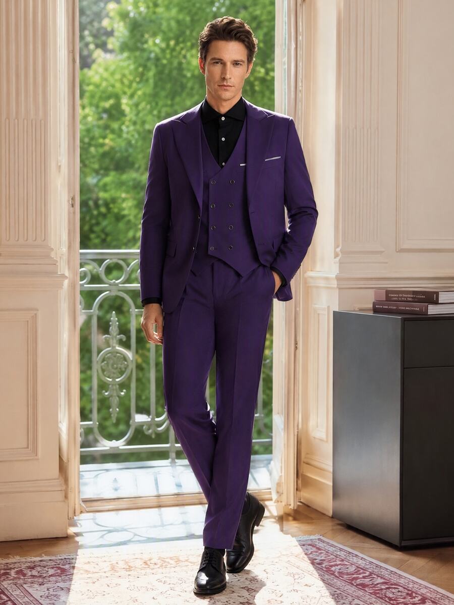 Officeau Men's 3 Pieces Purple Suit Set With Peak-Lapel Blazer, Double-Breasted Waistcoat & Trousers, Luxury Tuxedo For Weddings, Evening Events - Purple - View 1