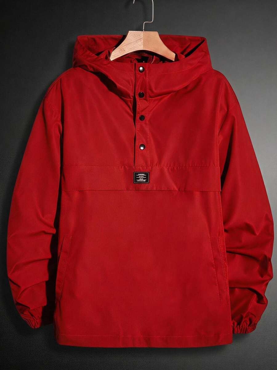 Manfinity RebelGame Loose Fit Men's Long Sleeve Letter Patched Half-Button Hooded Jacket, For Fall, Vacation, Father's Day Gifts, Football - Red - View 1
