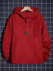 Manfinity RebelGame Loose Fit Men's Long Sleeve Letter Patched Half-Button Hooded Jacket, For Fall, Vacation, Father's Day Gifts, Football - Red - View 3