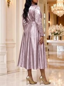 Fleurora 大尺碼甜美優雅緹花緞面長袖洋裝，適合約會、秋季夜晚外出、秋季晚宴、正式茶會，淺藍色 - 紫色 - 查看 2