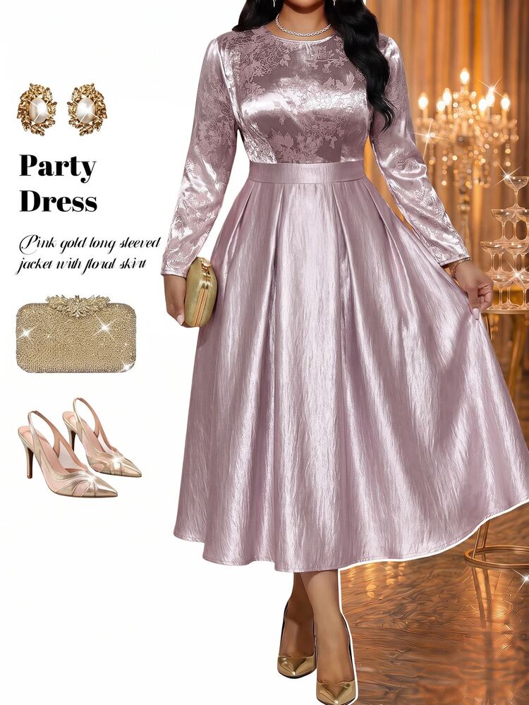 Fleurora Plus Size Sweet Elegant Jacquard Satin Long Sleeve Dress For Date Fall - Purple - View 4