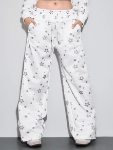 ROMWE Kawaii Celana Jogging Wanita Model Cute Girl dengan Hiasan Ruffle di Bagian Bawah dan Motif Bintang Perak, Pinggang Rendah - Putih - View 5