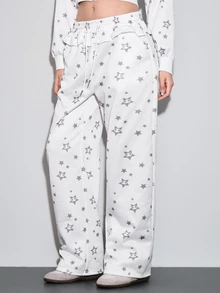 ROMWE Kawaii Celana Jogging Wanita Model Cute Girl dengan Hiasan Ruffle di Bagian Bawah dan Motif Bintang Perak, Pinggang Rendah - Putih - View 8