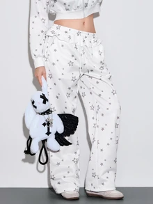 ROMWE Kawaii Celana Jogging Wanita Model Cute Girl dengan Hiasan Ruffle di Bagian Bawah dan Motif Bintang Perak, Pinggang Rendah - Putih - View 9