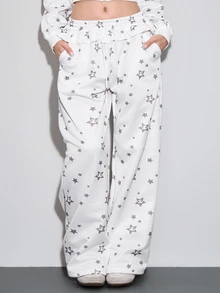 ROMWE Kawaii Celana Jogging Wanita Model Cute Girl dengan Hiasan Ruffle di Bagian Bawah dan Motif Bintang Perak, Pinggang Rendah - Putih - View 4