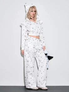 ROMWE Kawaii Celana Jogging Wanita Model Cute Girl dengan Hiasan Ruffle di Bagian Bawah dan Motif Bintang Perak, Pinggang Rendah - Putih - View 1