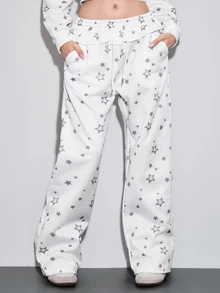 ROMWE Kawaii Celana Jogging Wanita Model Cute Girl dengan Hiasan Ruffle di Bagian Bawah dan Motif Bintang Perak, Pinggang Rendah - Putih - View 7
