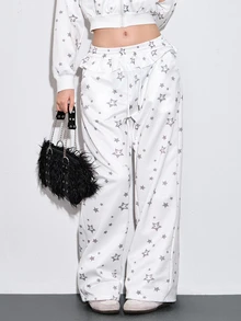 ROMWE Kawaii Celana Jogging Wanita Model Cute Girl dengan Hiasan Ruffle di Bagian Bawah dan Motif Bintang Perak, Pinggang Rendah - Putih - View 10