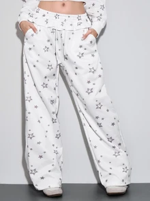 ROMWE Kawaii Celana Jogging Wanita Model Cute Girl dengan Hiasan Ruffle di Bagian Bawah dan Motif Bintang Perak, Pinggang Rendah - Putih - View 6