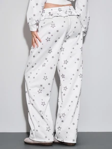 ROMWE Kawaii Celana Jogging Wanita Model Cute Girl dengan Hiasan Ruffle di Bagian Bawah dan Motif Bintang Perak, Pinggang Rendah - Putih - View 3