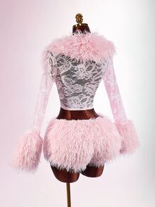 Amplova Women's Sexy 2 Pieces Set With Lace Patchwork Long Top And Shorts - Pink - View 6