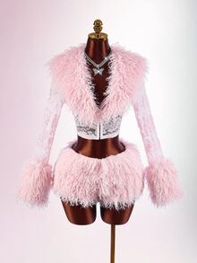 Amplova Women's Sexy 2 Pieces Set With Lace Patchwork Long Top And Shorts - Pink - View 4