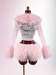 Amplova Women's Sexy 2 Pieces Set With Lace Patchwork Long Top And Shorts - Pink - View 13