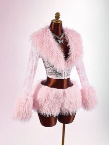 Amplova Women's Sexy 2 Pieces Set With Lace Patchwork Long Top And Shorts - Pink - View 8