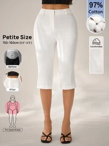 SHEIN PETITE 純色側開衩七分褲，適合春夏穿著 - 白色 - 查看 3