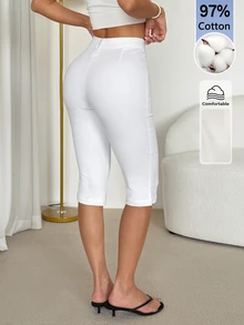 SHEIN PETITE 純色側開衩七分褲，適合春夏穿著 - 白色 - 查看 7