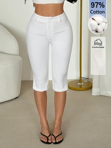 SHEIN PETITE 純色側開衩七分褲，適合春夏穿著 - 白色 - 查看 11