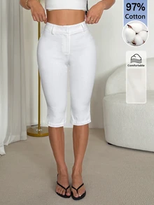 SHEIN PETITE 純色側開衩七分褲，適合春夏穿著 - 白色 - 查看 8